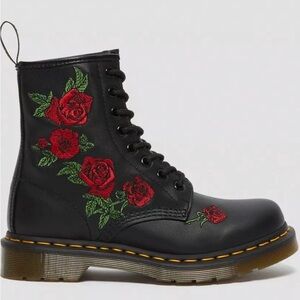 Dr. Martens 1460 Vonda Black Boots with Red Rose Embroidery